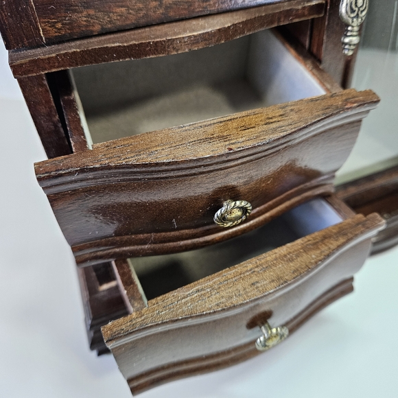 VINTAGE Wood Armoire Jewelry Box Double Etched Flower Glass Doors - Picture 9 of 11